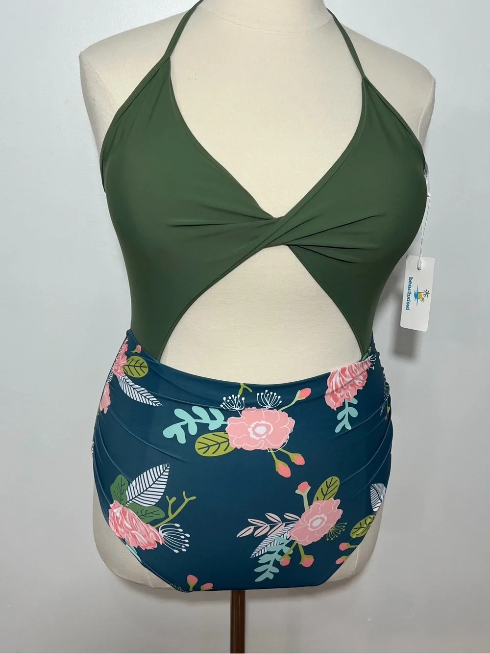 NWT‎ Beachsiss Olive Green & Teal Floral High-Waist One-Piece -- XL